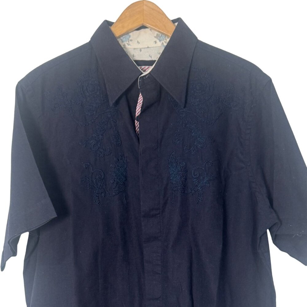 English Laundry Promenade Embroidered Short Sleeve Button-Up Shirt Navy Size XXL